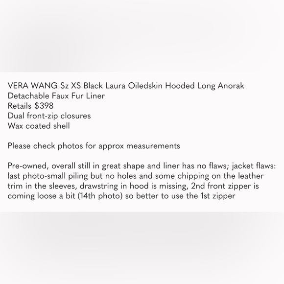 VERA WANG Laura Hooded Waxed Long Anorak Sz XS - Picture 16 of 16